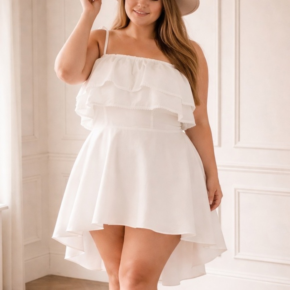 Devlin Kalena White Ruffle High Low Hem Tie Strap Wedding Cottagecore Mini Dress